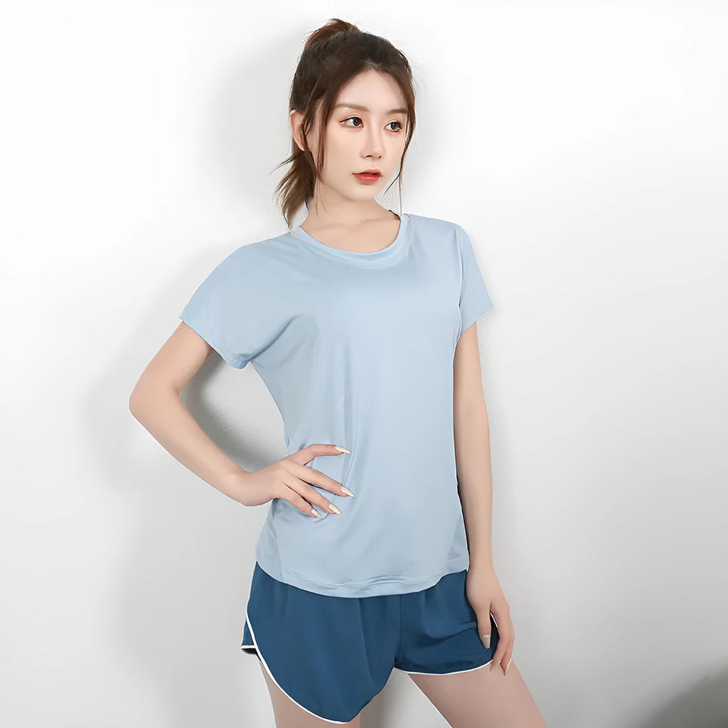 Ladies short sleeve polyester sports t-shirt for yoga and running in grey green colour