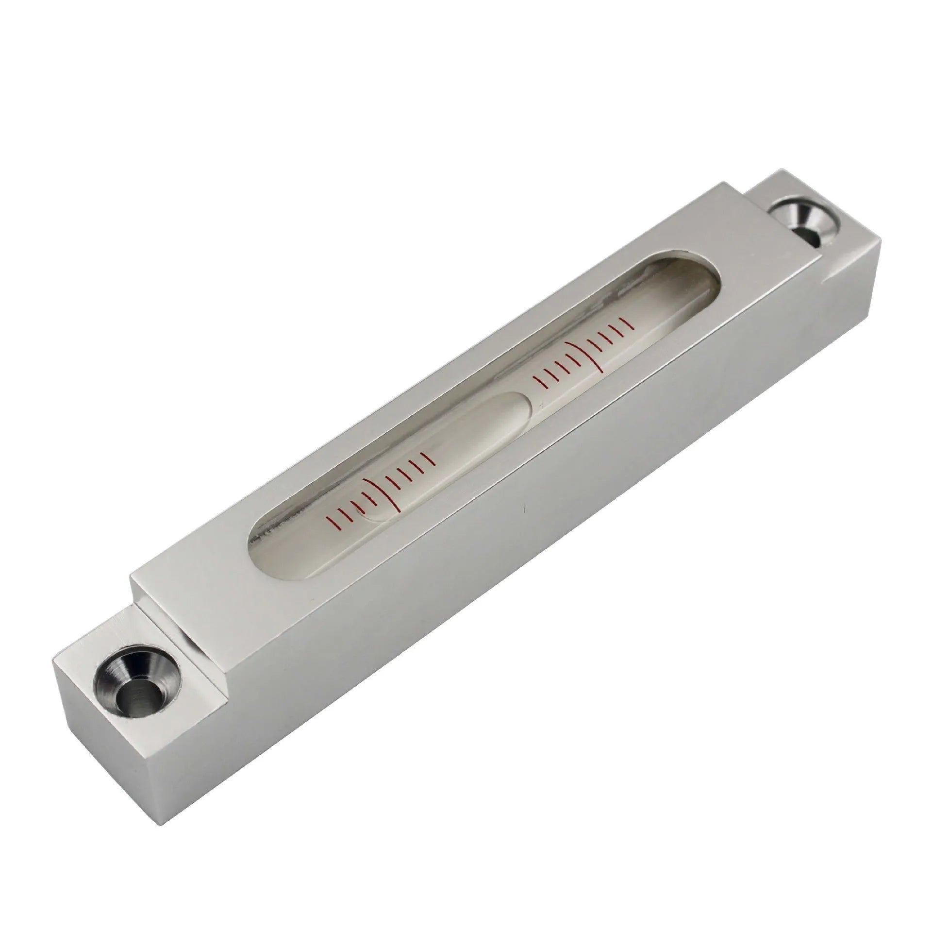 Mini metal and glass spirit level showing dual accuracy scales for precise measurement