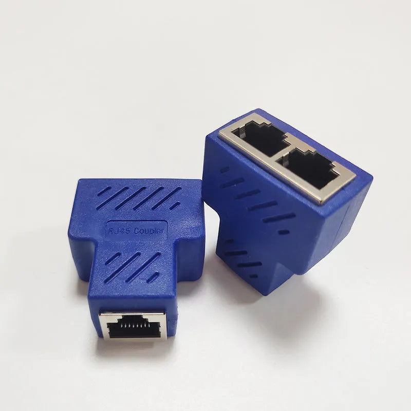 RJ45 network cable splitter adapter in white, yellow, red, blue, and black colours