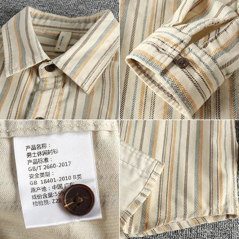 Men's vintage striped overshirt in loose fit, shown in apricot colour with Japanese retro styling.