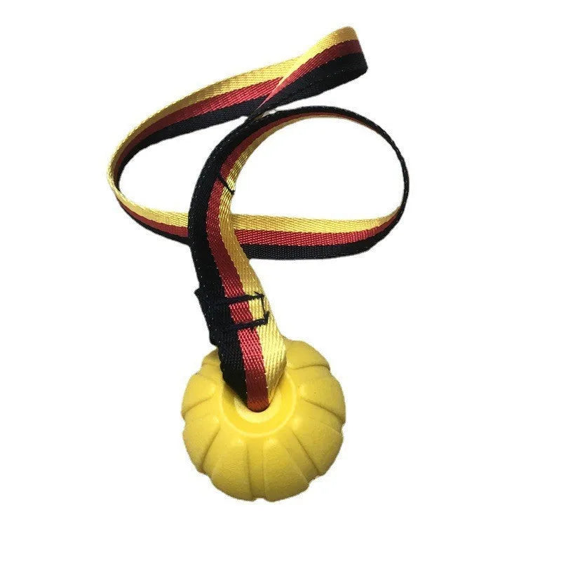 Yellow and camouflage coloured EVA foam floating dog tether balls in three different sizes on a blue background.