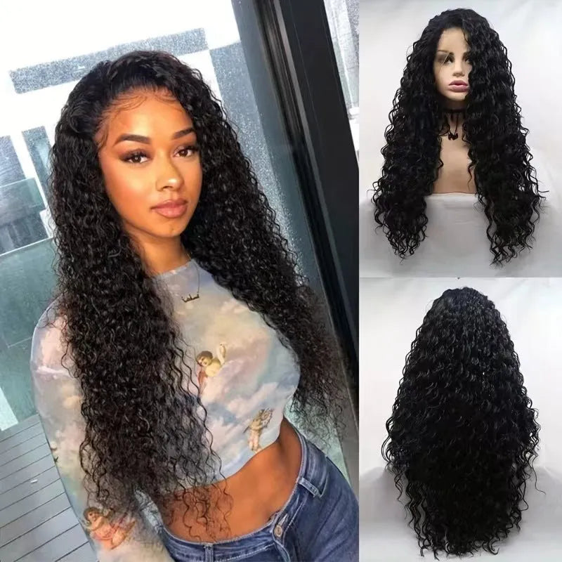 Fluffy big wave half headgear wig in long curly style with side bangs, black colour option