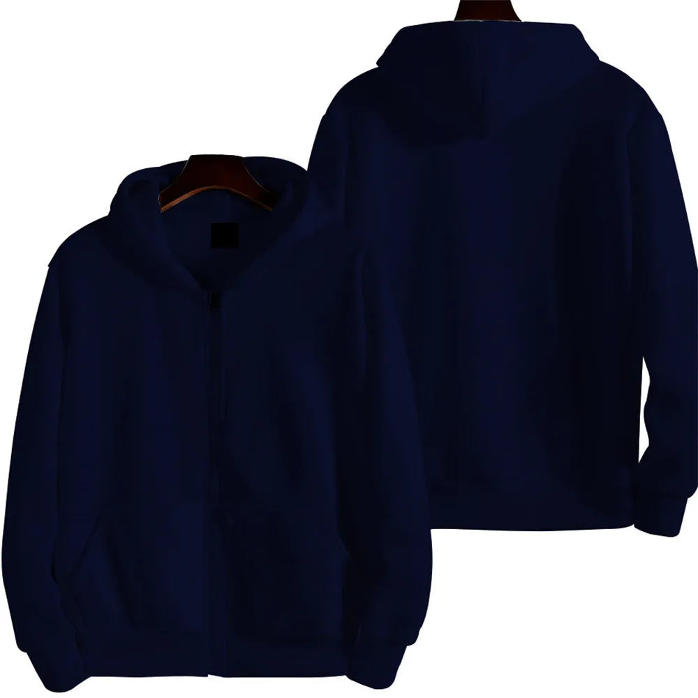 Men's solid colour loose fit zip-up sports jacket on a hanger.