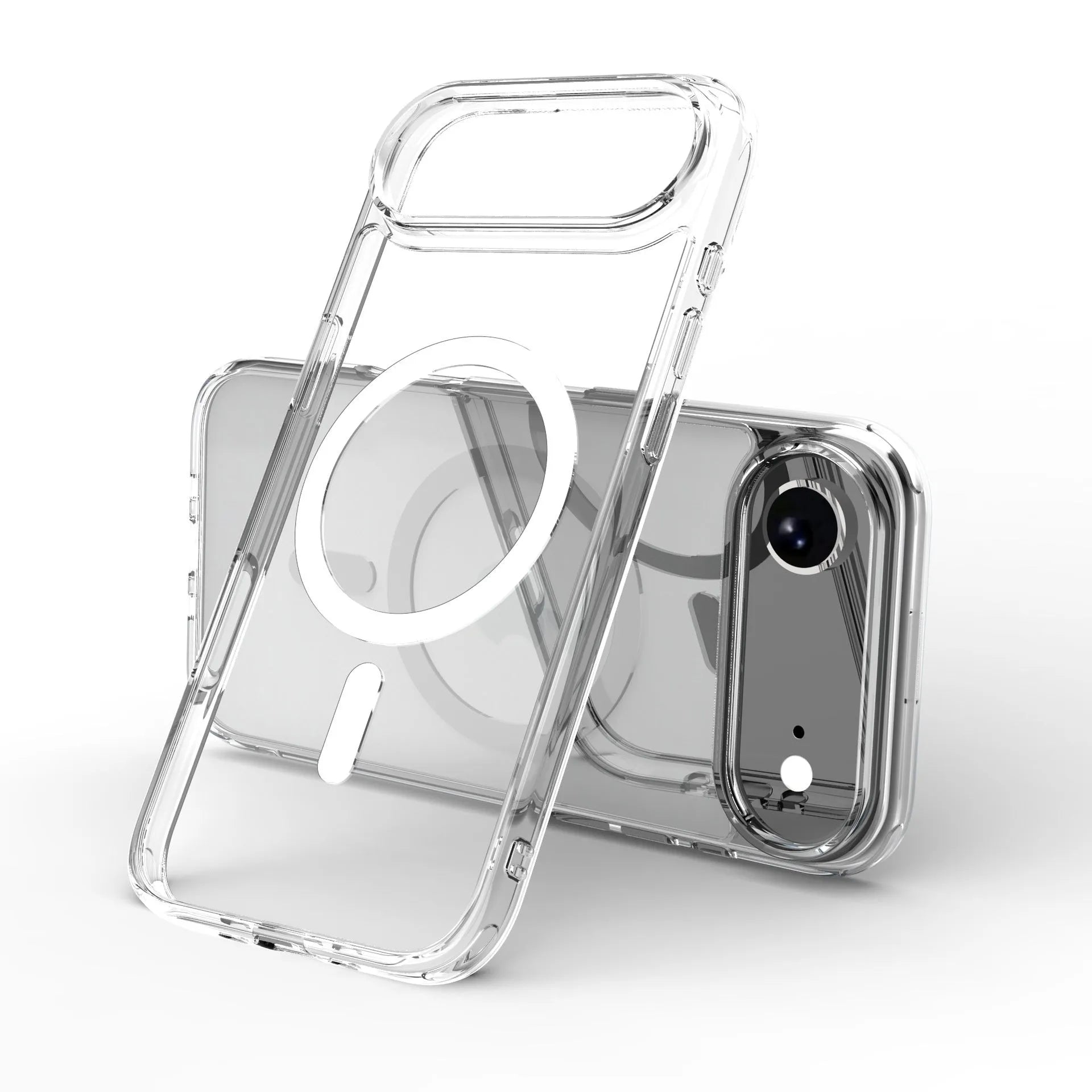 Transparent magnetic phone case for iPhone 17 series models on a table.