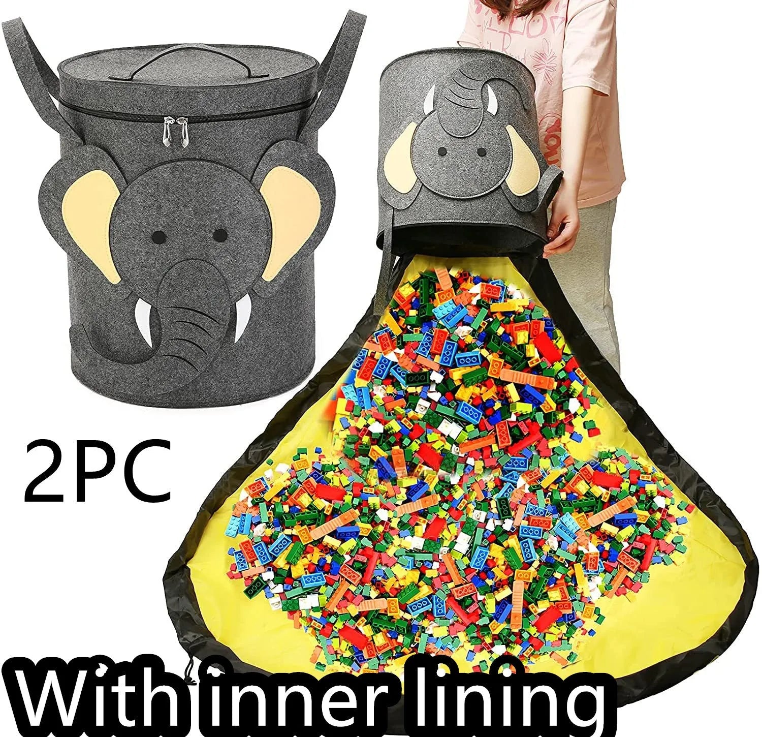 Green felt cube storage bag with pull rope shown as both a toy play mat and closed storage container