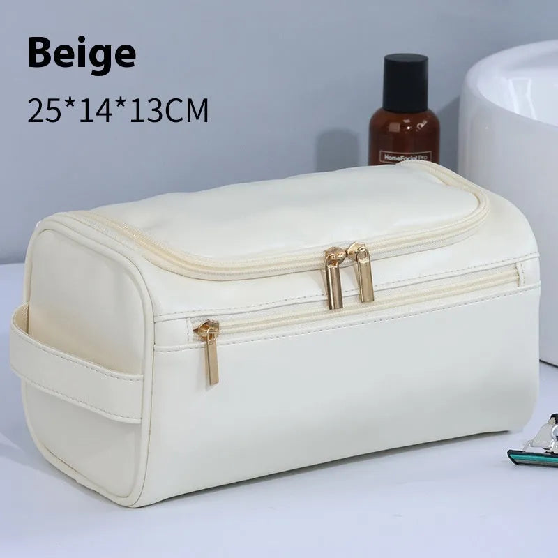 Large capacity waterproof cosmetic bag in retro style, available in PU leather or Oxford cloth materials.