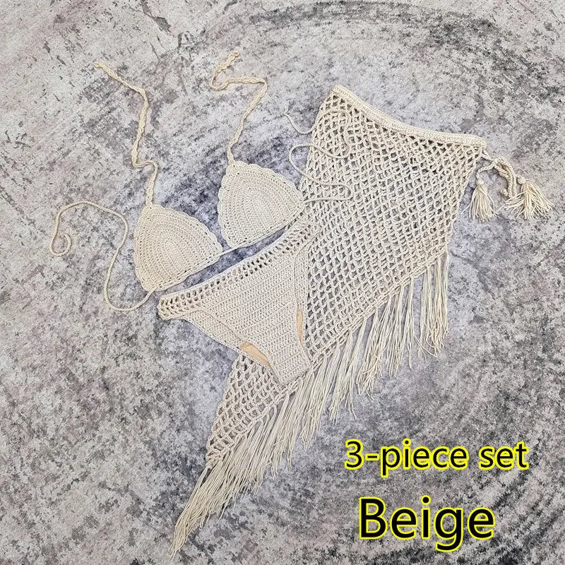 Women's three-piece bikini set with handmade crochet beach skirt in acrylic fabric