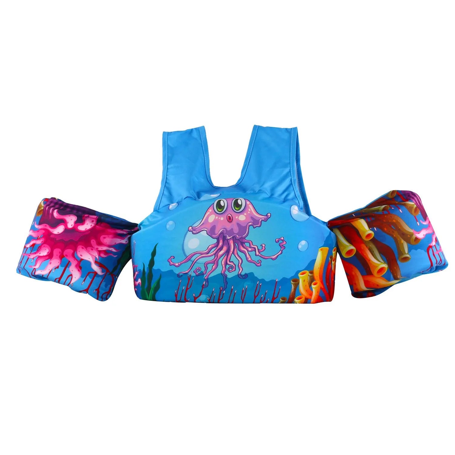 Colourful cartoon children's swimsuit with integrated arm swimming rings in a lobster design.