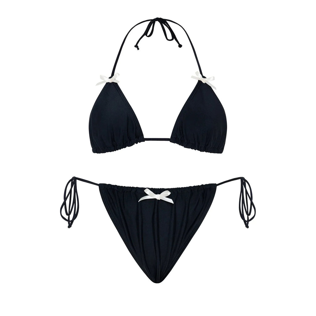 Women's pure colour bikini swimsuit with bow tie detail in black, white, red or pink