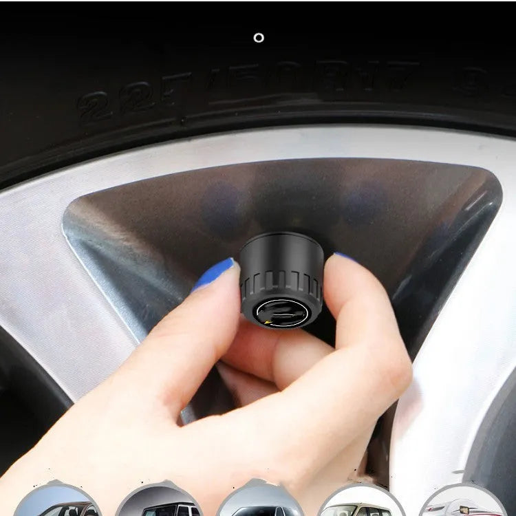 Bluetooth 5.0 automotive tire pressure monitoring system with four black external sensors, a wrench, and anti-theft screws.