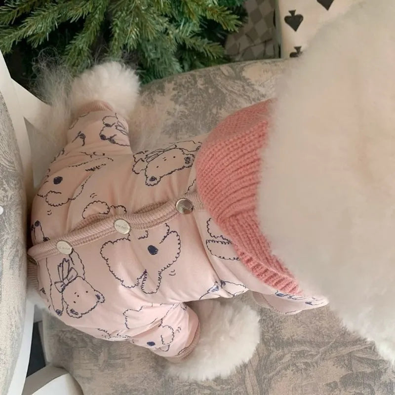 Bear print pet winter jumpsuit in pink with knitted scarf, fleece cuffs, and snap buttons