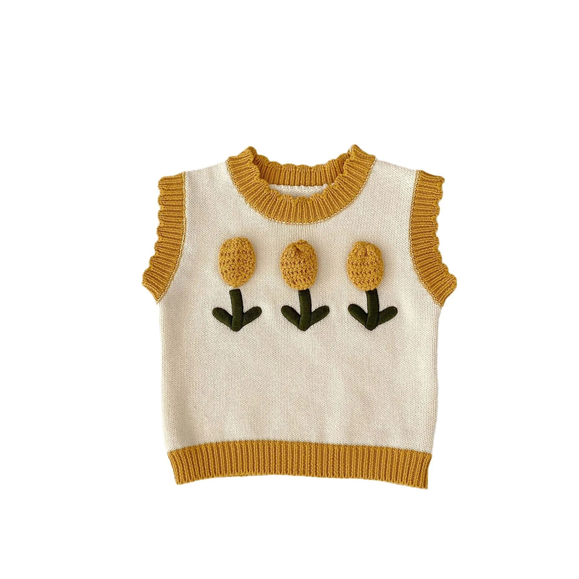 Baby girl sleeveless knitted cotton top with three-dimensional flower in almond white