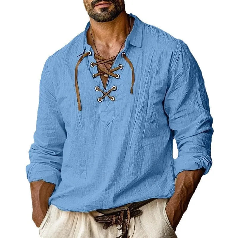 Men's loose fit plus size shirt with lapels and lace detailing in a linen blend fabric.