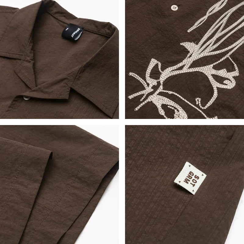 Brown striped Cuban collar short sleeve outdoor shirt laid flat.