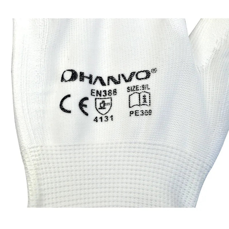 Pair of white PU coated work gloves for labour, showing flexible latex-free coating.