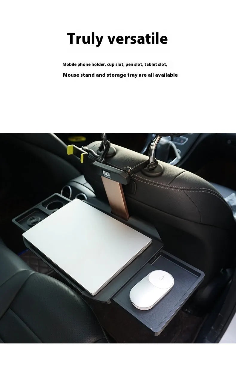 Folding car rear seat dining table laptop stand in black ABS with phone holder slot