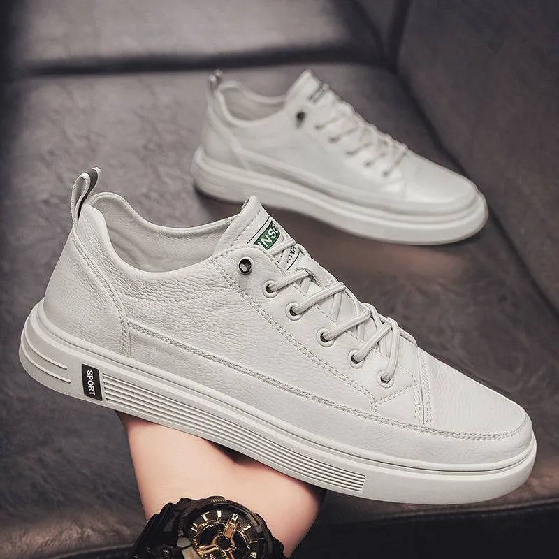 Men's beige casual PU shoes with a low heel and round toe on a flat sole.
