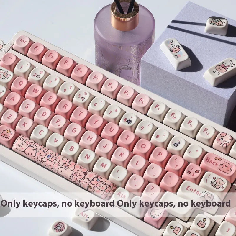 Pink sculpted fragrant pig PBT keycap with colourful five-sided sublimation design for mechanical keyboards.