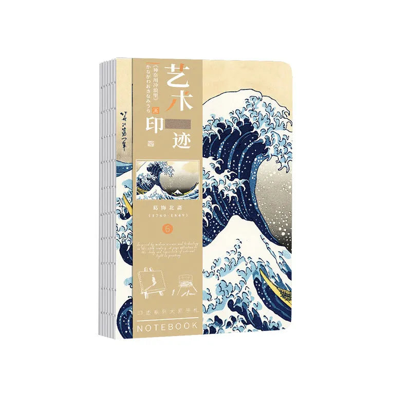 Ukiyo-e art hand ledger notebook showing Kanagawa surfing village retro cover design