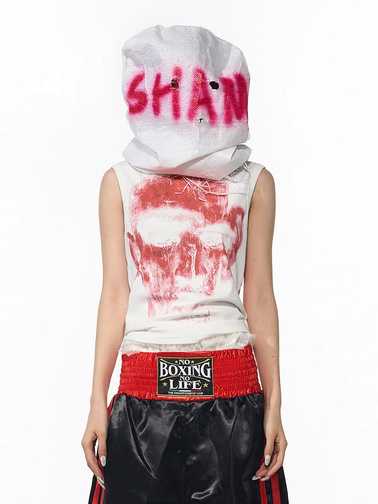 Black half-turtleneck slim-fit sleeveless t-shirt with a printed character design on the front.