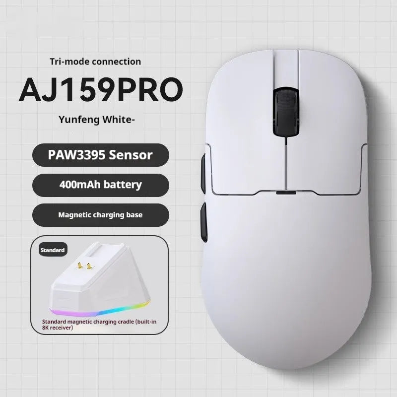 Small white gaming mouse with three connectivity options shown on gaming desk