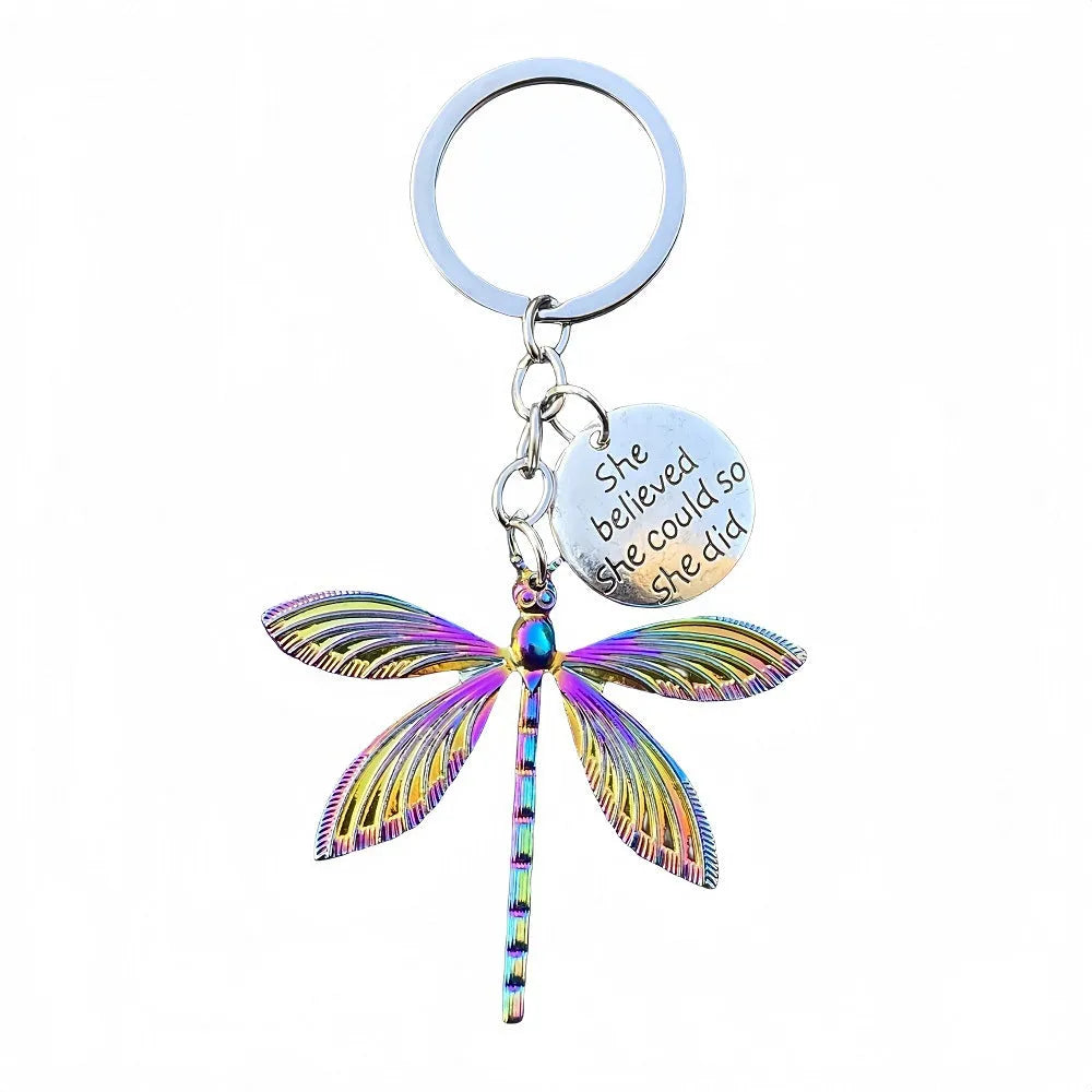 Rainbow-coloured alloy dragonfly keychain keyring with 60cm snake chain necklace and earrings set