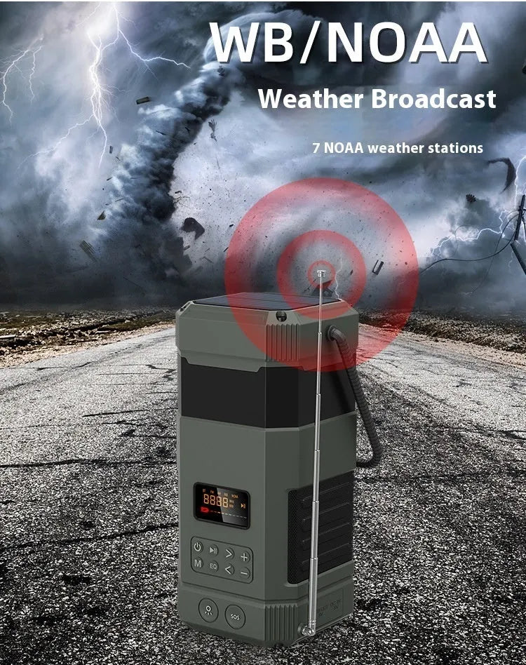 Solar radio Bluetooth speaker camping lantern with hand crank generator and power bank on outdoor background