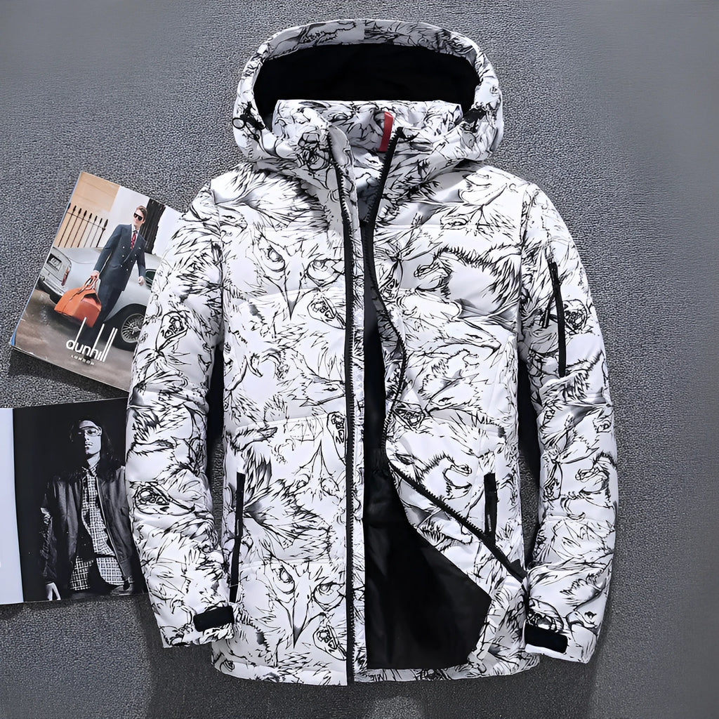 Men's thickened down jacket in black, white duck down filling, loose fit, lapel collar, zipper front