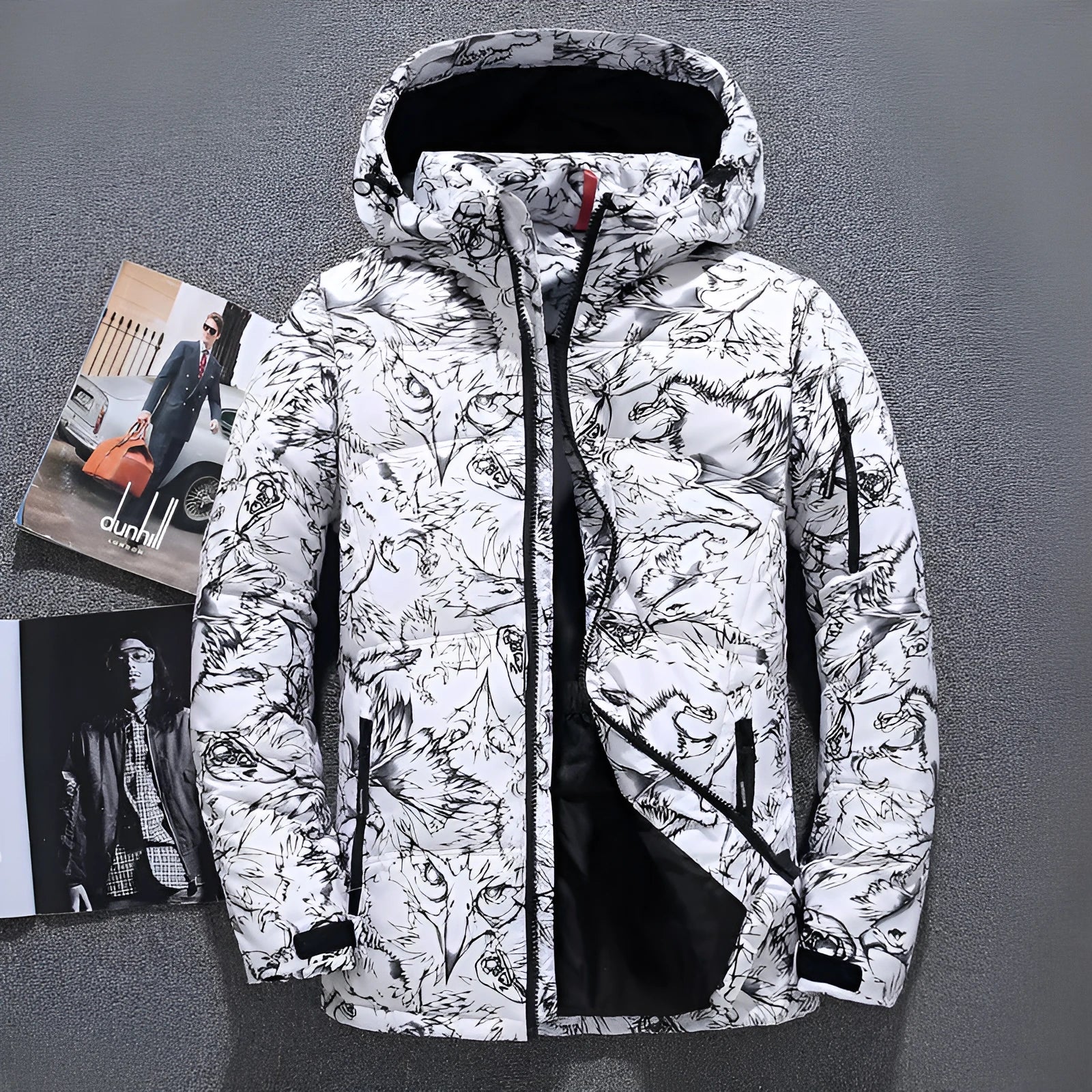 Men's thickened down jacket in black, white duck down filling, loose fit, lapel collar, zipper front