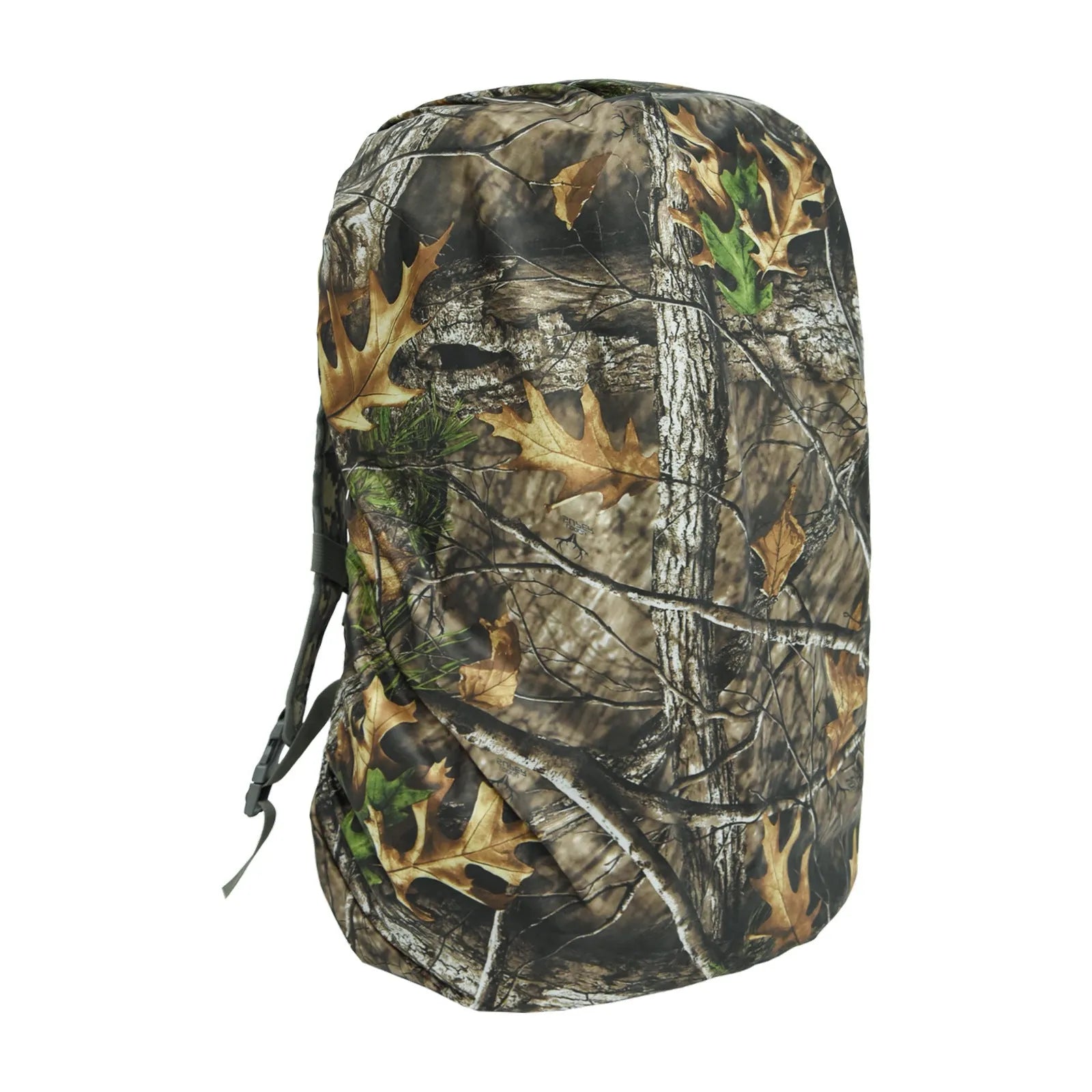 Army green waterproof backpack rain cover shown alongside a large hiking backpack.