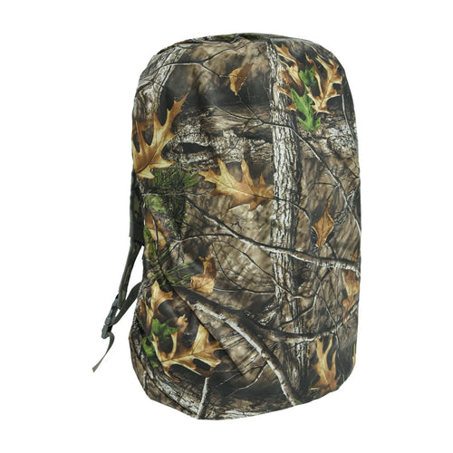 Army green waterproof backpack rain cover shown alongside a large hiking backpack.