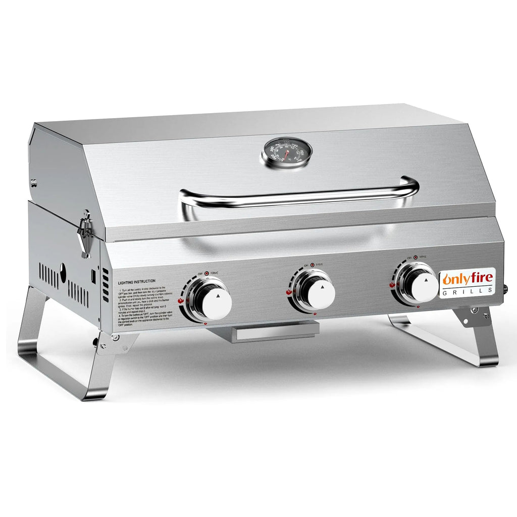Silver portable desktop gas barbecue grill with three burners and foldable legs.