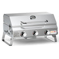 Silver portable desktop gas barbecue grill with three burners and foldable legs.