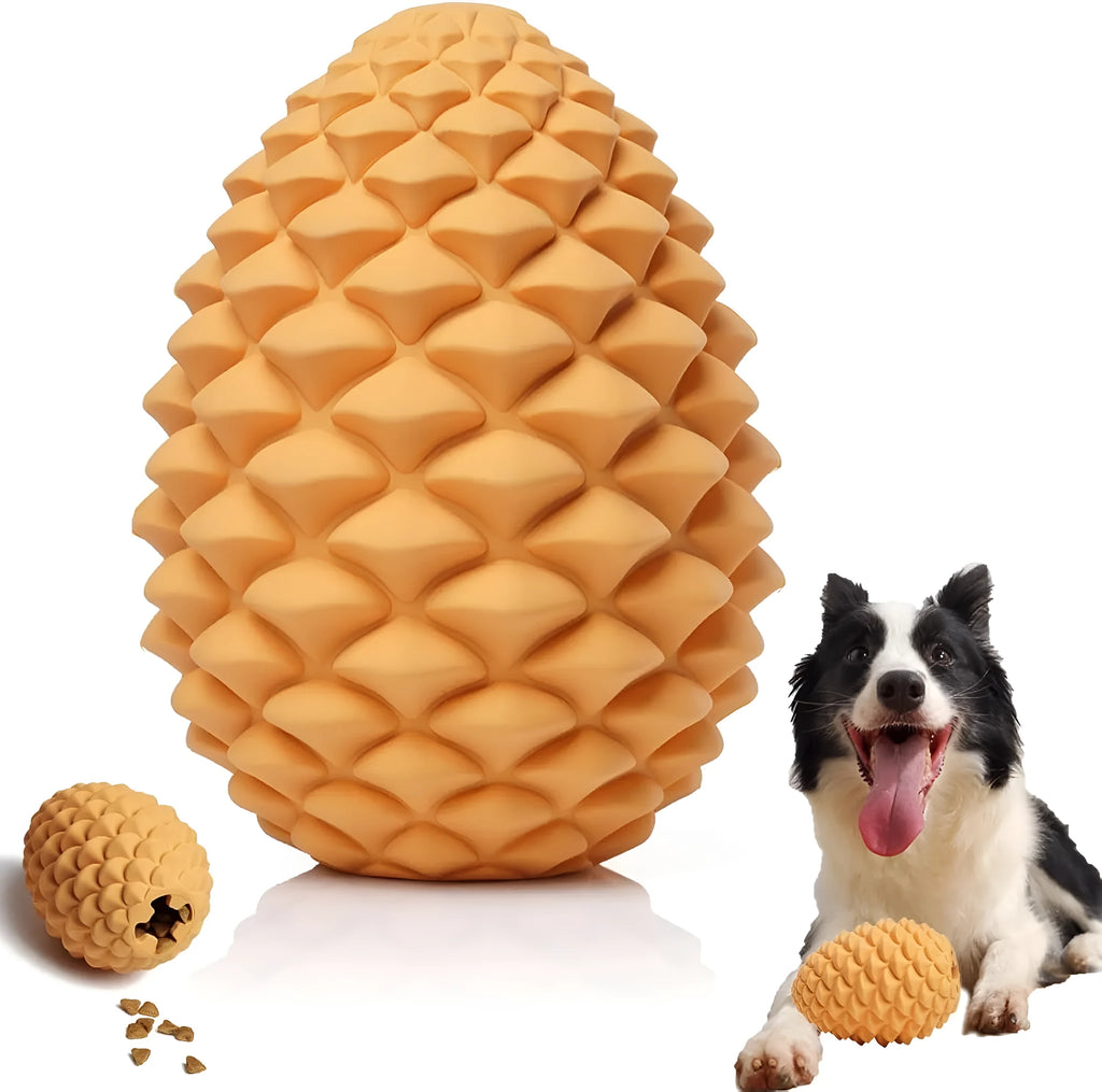 Yellow pine cone shaped natural rubber dog toy with treat dispenser for medium large aggressive chewers