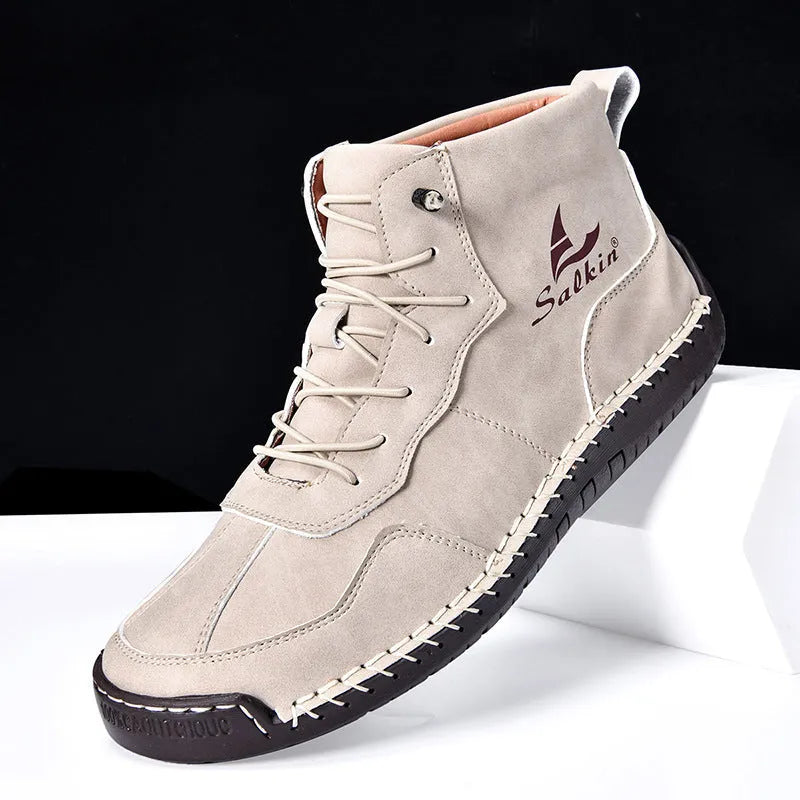 Men's retro-style high-top casual boots in frosted PU leather with elastic band closure and round toe.