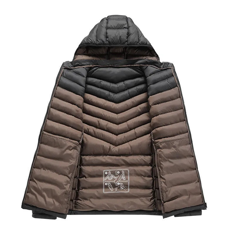 Men's lightweight hooded down jacket in army green with detachable collar and zipper pockets