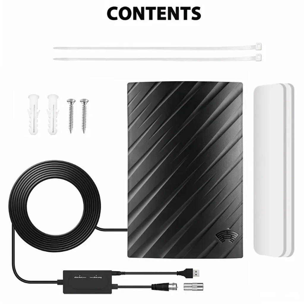 Black plastic digital television antenna with mounting hardware including expansion tubes and cable ties