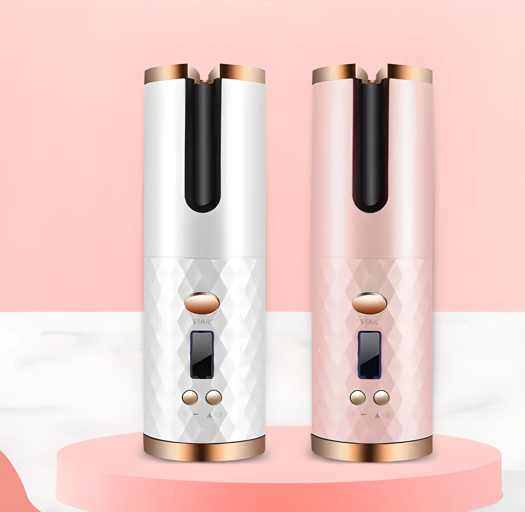 Portable automatic curling iron with USB charging port and gold ceramic barrel in white colour