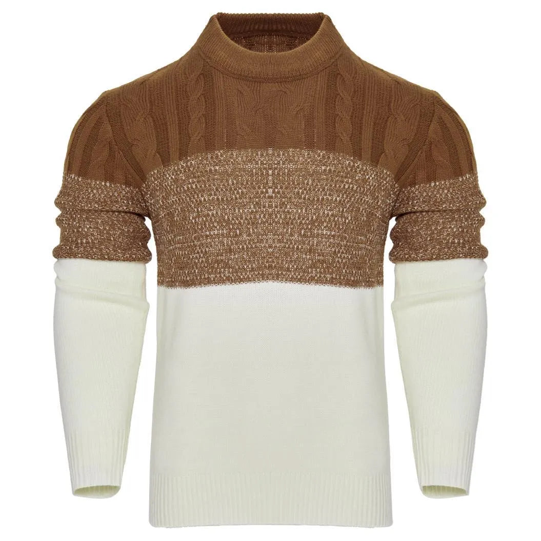 Men's knitted long-sleeve pullover sweater shown in multiple sizes and style variations.