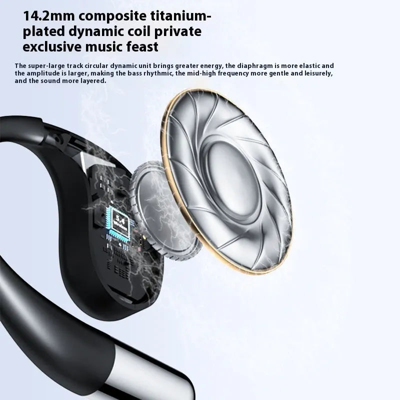 Beige and black portable sports Bluetooth earphones with ear-mounted creative design and digital display screen.