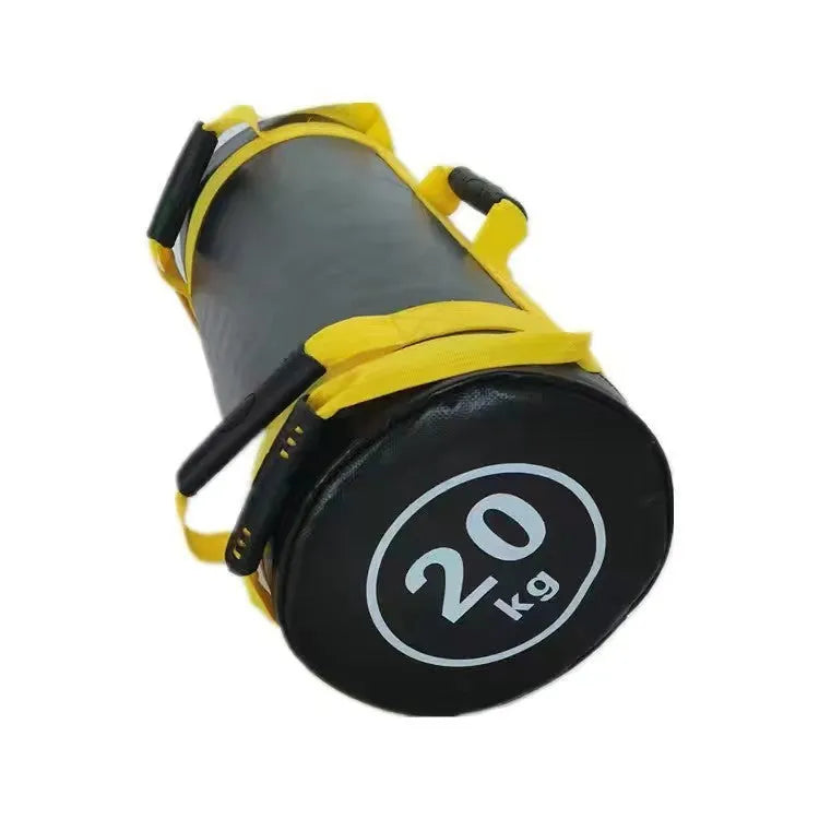 Flat white PVC fitness training sandbag for weight lifting and strength exercises.