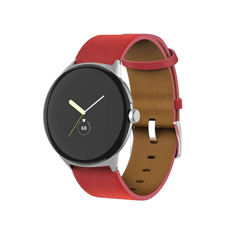 Genuine leather watch strap for Google Pixel Watch in black colour, flat interface design