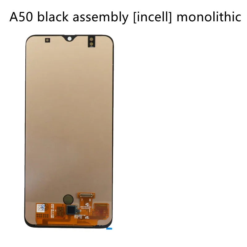 Samsung Galaxy A50 black OLED screen assembly with adhesive and repair tools laid out.
