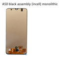 Samsung Galaxy A50 black OLED screen assembly with adhesive and repair tools laid out.