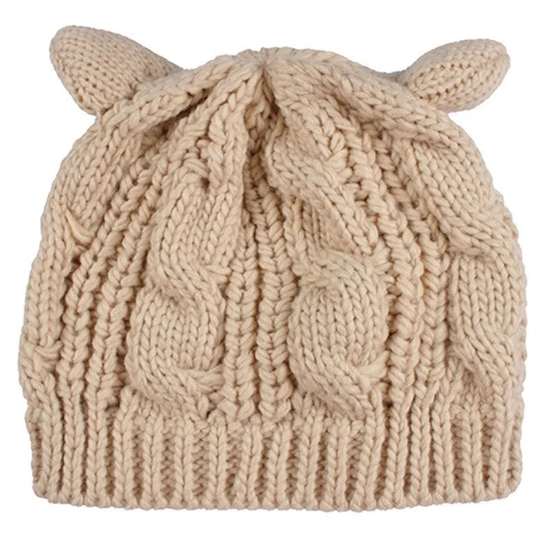 Hand made knitted cat ear beanie in winter colours with 3D design