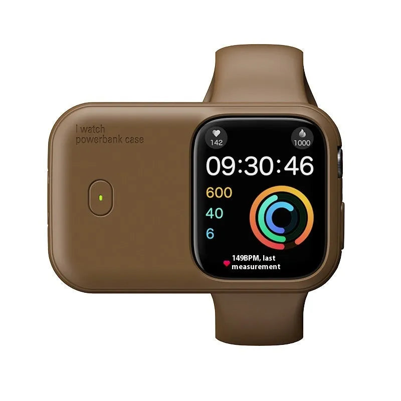 Apple Watch portable wireless charging case in brown, midnight blue, or starlight colours with 1200mAh battery