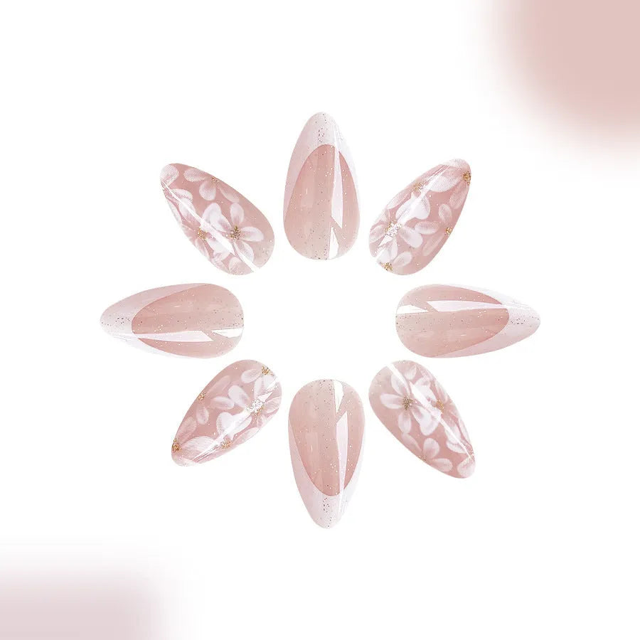 French style glossy short almond artificial nails with glitter powder floral patterns in colour C625