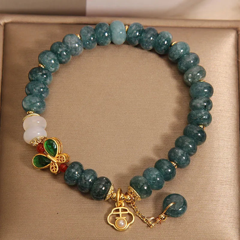Blue water jade abacus beads crystal bracelet with white agate and alloy gemstone inlay