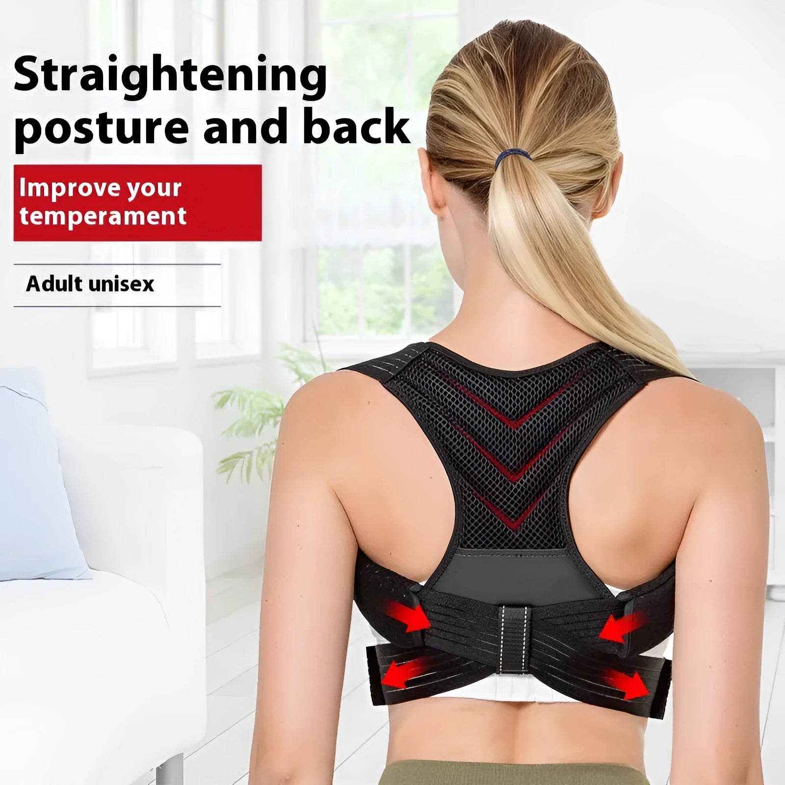 Black adjustable anti-humpback posture correction belt worn for back support.