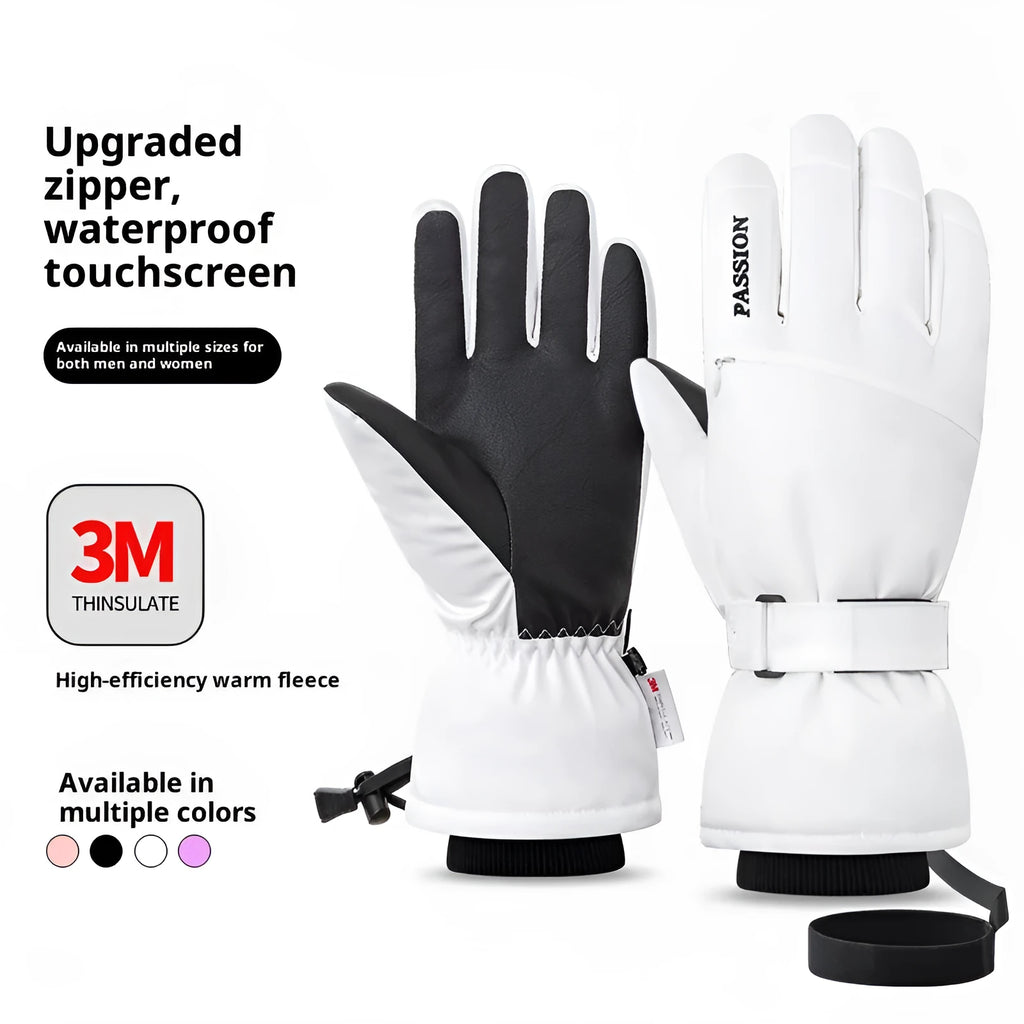 Pair of waterproof warm ski gloves with touch screen fingers and non-slip palm in black colour on white background